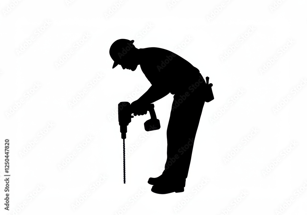Fototapeta premium silhouette, person using power tool, construction worker, drilling, bent posture, black and white, minimalist design, icon-like