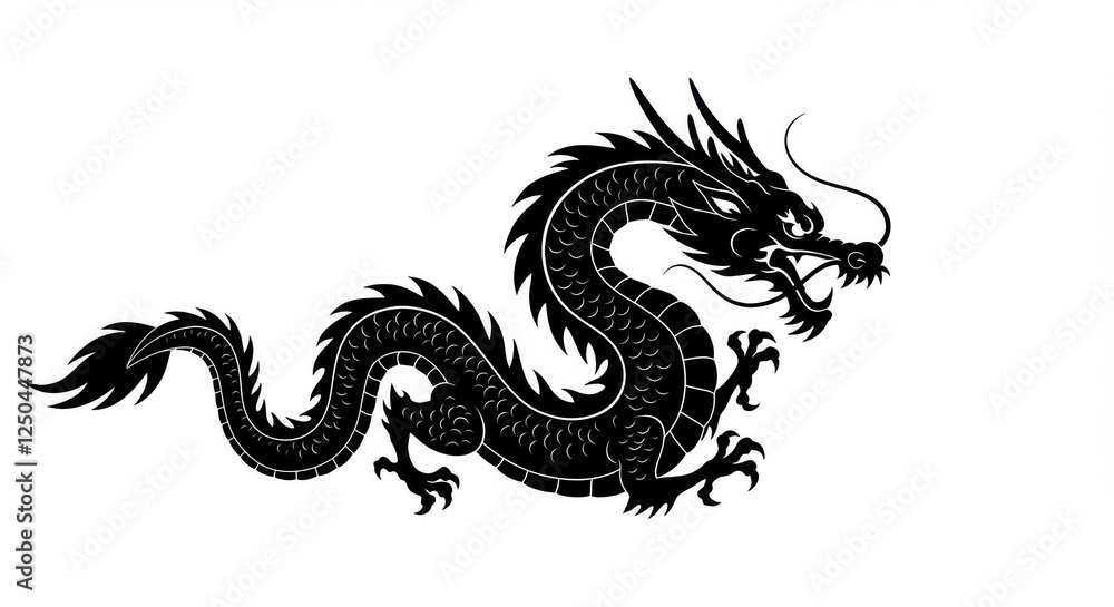 Black silhouette dragon, Chinese zodiac inspired, serpentine body, sharp claws, fierce expression, detailed scales, elegant curves, mystical creature, ink brush style Black silhouette dragon, Chinese zodiac inspired, serpentine body, sharp claws, fierce expression, detailed scales, elegant curves, mystical creature, ink brush style