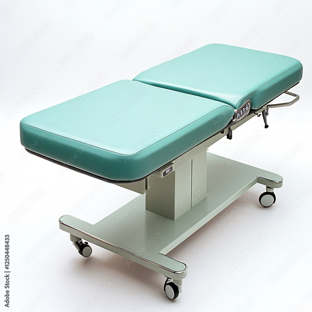 green medical exam table on wheels in a sterile white room green medical exam table on wheels in a sterile white room