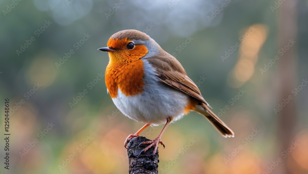 Fototapeta premium Cute brown and orange robin perched on a stick with a blurred natural background showcasing selective focus and vibrant colors.
