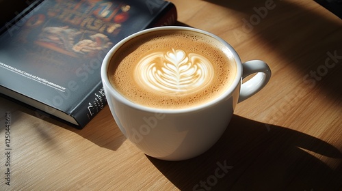 A latte in a white ceramic cup with a swirl of foam, placed on a wooden table with a book