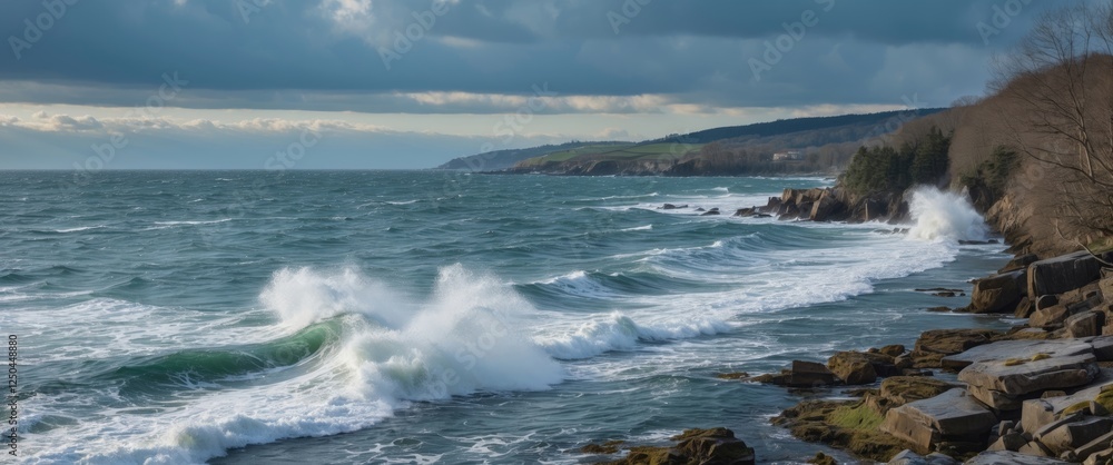Fototapeta premium Stormy Spring Day Waves Crashing On Rocky Coastline With Dramatic Sky And Open Space For Text Or Design Elements