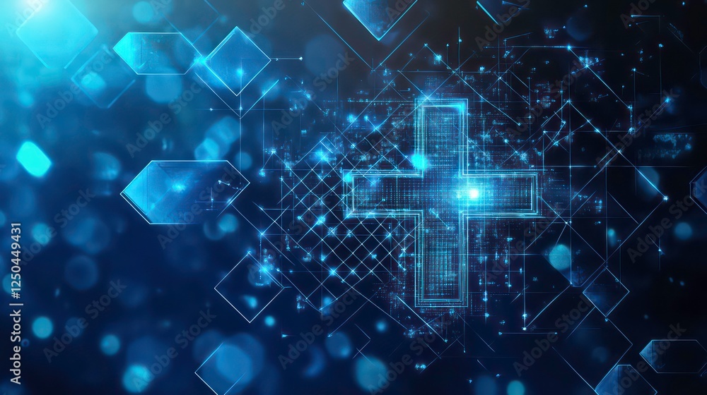 Digital Healthcare Cross on Blue Hexagon Pattern, healthcare , medical , technology , digital Digital Healthcare Cross on Blue Hexagon Pattern, healthcare , medical , technology , digital
