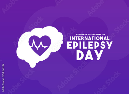 International Epilepsy Day. February. Purple background. Brain with heartbeat icon.