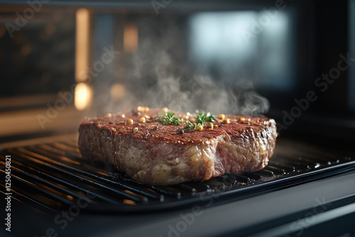 Steak sizzling on grill flames, smoke billowing, outdoor cooking scene with charred food in focus. photo