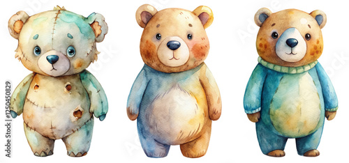 Cute watercolor bears, playful cartoon style, soft colors, adorable characters, perfect for children's illustrations.