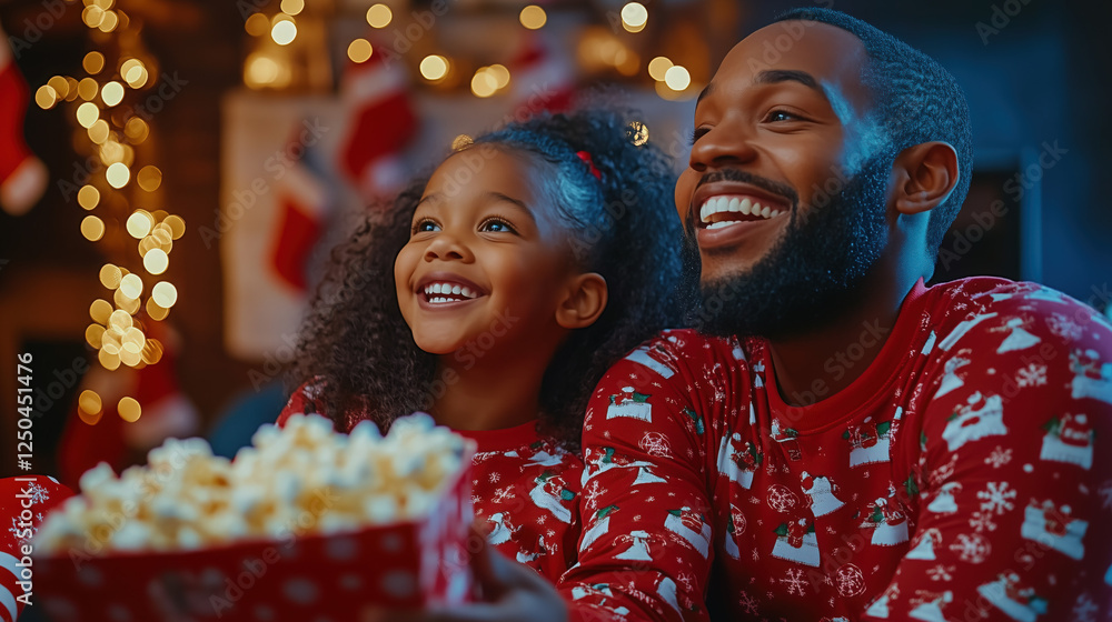 A family in matching Christmas pajamas sharing popcorn in a living room filled with holiday cheer A family in matching Christmas pajamas sharing popcorn in a living room filled with holiday cheer