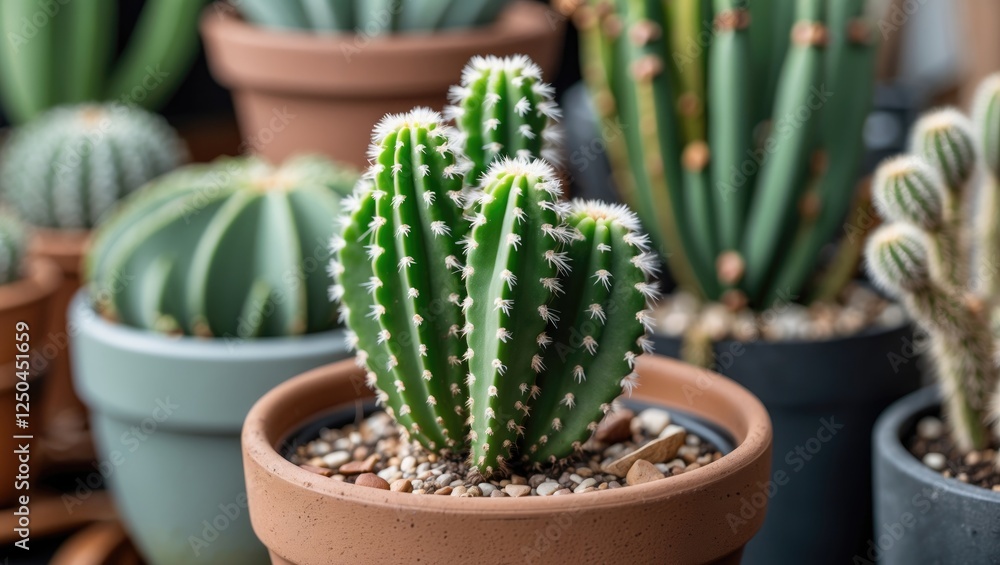 Vibrant green cactus thriving in a pot, surrounded by various plants, showcasing a harmonious indoor botanical community. Vibrant green cactus thriving in a pot, surrounded by various plants, showcasing a harmonious indoor botanical community.