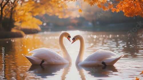 Fototapeta Naklejka Na Ścianę i Meble -  Two swans forming heart shape with necks on autumn lake