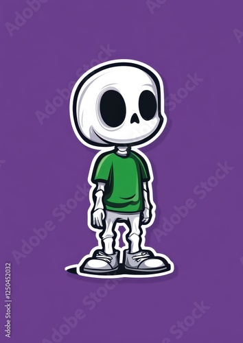 A whimsical skeleton character stands upright, dressed in a green shirt and white pants, set against a bright purple backdrop that adds a playful touch to the scene