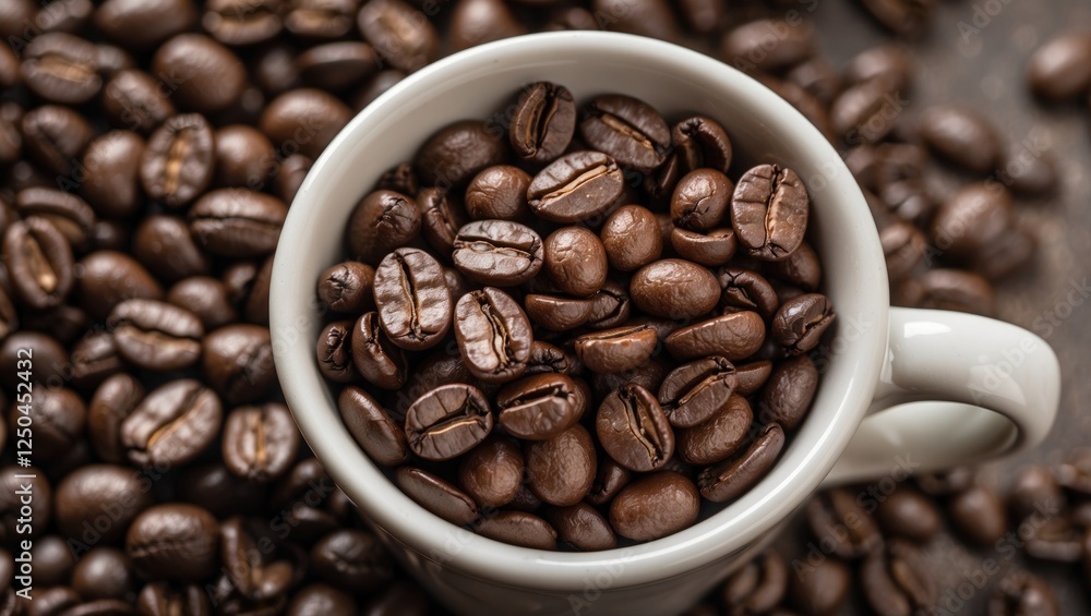 Cup overflowing with roasted coffee beans on a rustic surface showcasing rich textures and varying shades of brown coffee beans. Cup overflowing with roasted coffee beans on a rustic surface showcasing rich textures and varying shades of brown coffee beans.