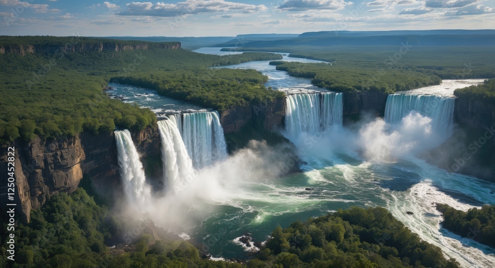 Majestic Aerial View of Breathtaking Waterfalls Surrounded by Lush Greenery and Rugged Landscapes with Space for Custom Text Overlay Majestic Aerial View of Breathtaking Waterfalls Surrounded by Lush Greenery and Rugged Landscapes with Space for Custom Text Overlay