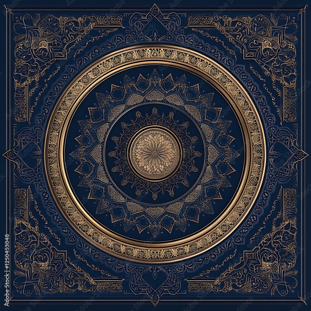 Fototapeta premium Ornate gold mandala on navy blue background