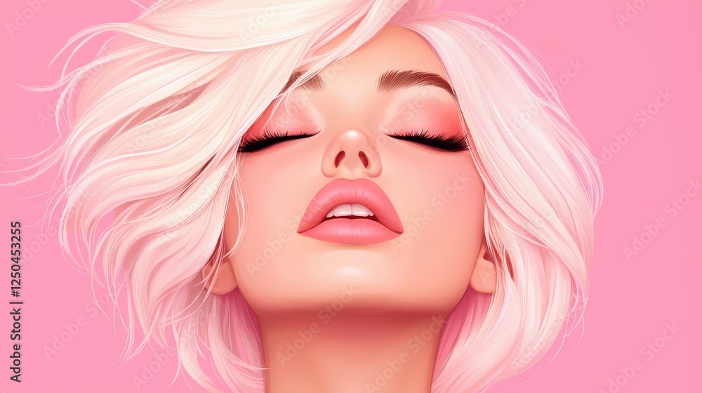 custom made wallpaper toronto digitalA beauty model showcases glamorous features with delicate makeup and tousled pink hair, standing confidently in front of a bright pink backdrop that enhances her radiant look