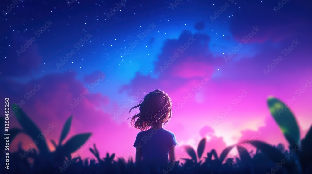 A young child stands in a field of grass, staring up at a vivid twilight sky. Stars twinkle amidst colorful clouds, creating a magical atmosphere of wonder and tranquility A young child stands in a field of grass, staring up at a vivid twilight sky. Stars twinkle amidst colorful clouds, creating a magical atmosphere of wonder and tranquility