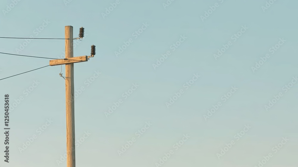 A wooden utility pole with birds perched on wires against a clear sky. A wooden utility pole with birds perched on wires against a clear sky.