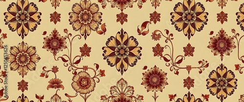 A stylish background displaying a repeating pattern of intricate floral designs in a vintage style, executed in a detailed illustration with  rich colors. photo