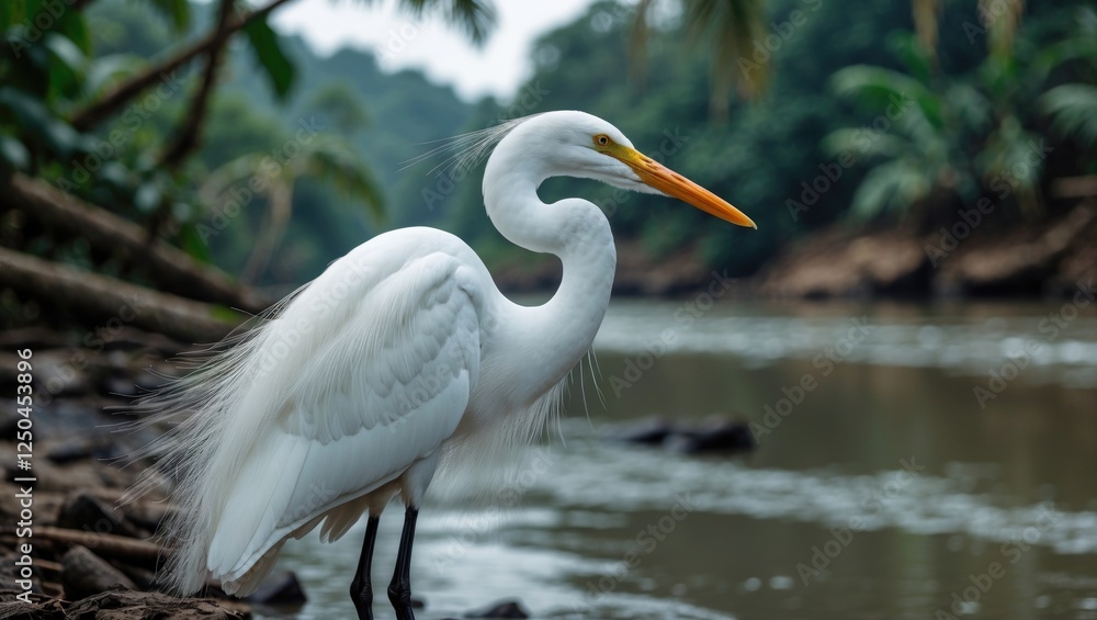 Elegant White Egret Standing Near Serene Riverbank Surrounded by Lush Jungle Foliage in Tropical Environment Elegant White Egret Standing Near Serene Riverbank Surrounded by Lush Jungle Foliage in Tropical Environment
