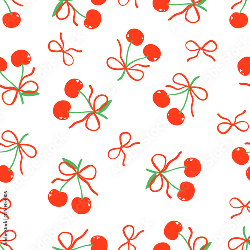 Cute red coquette cherry bow seamless pattern Trendy girly background