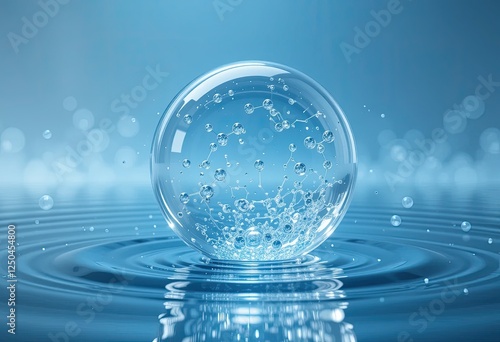 3D visualization of a floating, transparent skincare bubble,  The light blue water background features soft ripple, perfect for skincare and cosmetic product