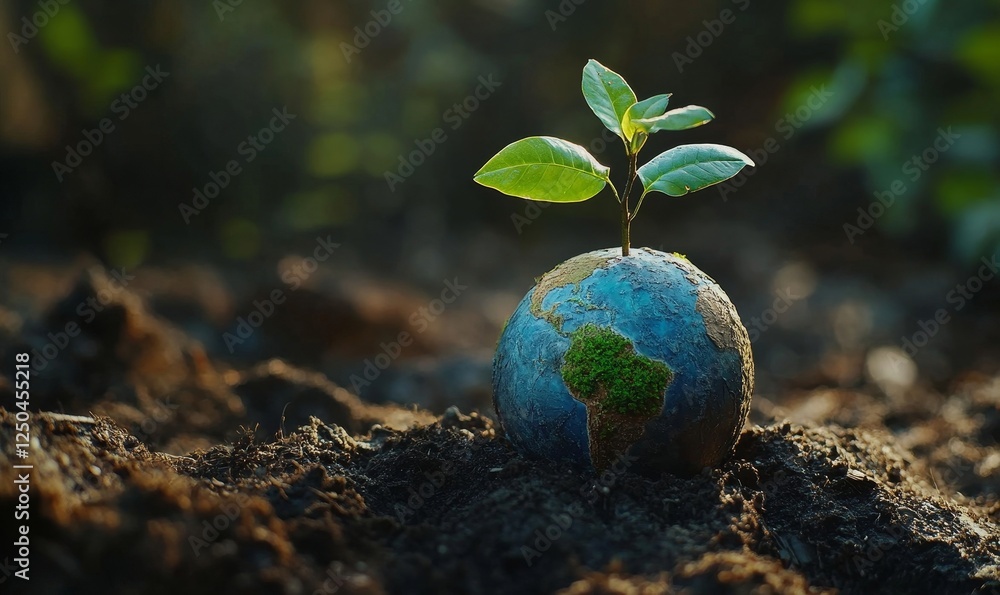 Sustainable Earth Concept with Growing Plant on Globe in Lush Green Environment during Daytime Reflecting Eco-Friendly Future, Sustainable Earth Concept with Growing Plant on Globe in Lush Green Environment during Daytime Reflecting Eco-Friendly Future,