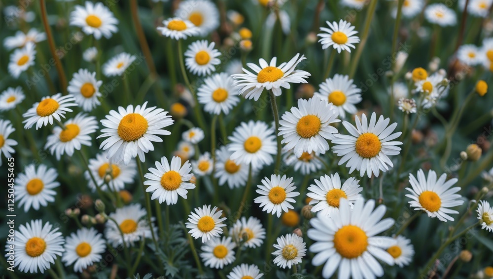 Field of White Common Daisies Flourishing in Bright Green Grass Under Natural Light Field of White Common Daisies Flourishing in Bright Green Grass Under Natural Light