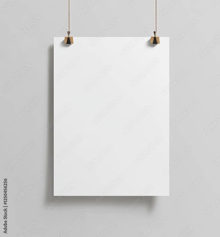 Blank poster hanging on twine, grey background, mockup Blank poster hanging on twine, grey background, mockup