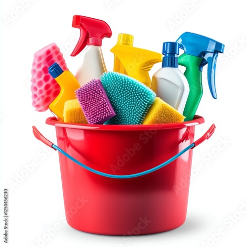 A vibrant bucket filled with colorful cleaning products and tools for effective cleaning.