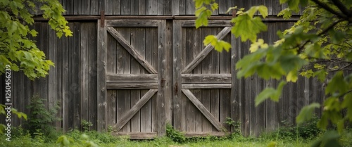 Rustic wooden barn door framed by lush green foliage creating a serene country atmosphere in Missouri's natural landscape.