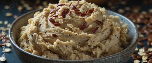 Thick oat and flaxseed dough in a textured bowl, highlighting its light color and dark specks, ideal for healthy recipe concepts.