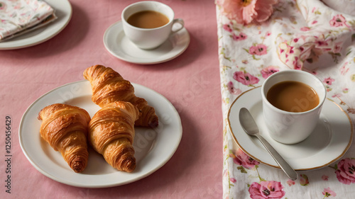 A table features a pink themed setting with a plate of golden croissants, two cups of coffee on saucers, and a floral patterned cloth, creating a cozy breakfast atmosphere. photo