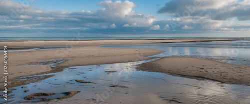 Scenic beach landscape at low tide showcasing exposed sandbanks and calm waters under a cloudy blue sky with tranquil ocean views. photo