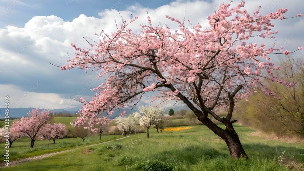 Spring Blossom Tree in Mountain Meadow under Cloudy Sky Spring Blossom Tree in Mountain Meadow under Cloudy Sky