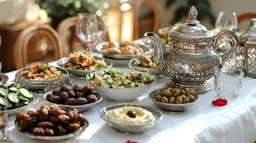 Traditional Middle Eastern or North African meal spread on table with dates, salads, olives photo