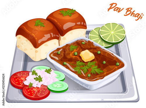 Pao Bhaji Served on Metal Tray. Bread Rolls with Spicy Vegetable Curry, Sliced Lime, Tomatoes, Cucumbers and Chopped Onions. Popular Bombay Indian Street Food Illustration