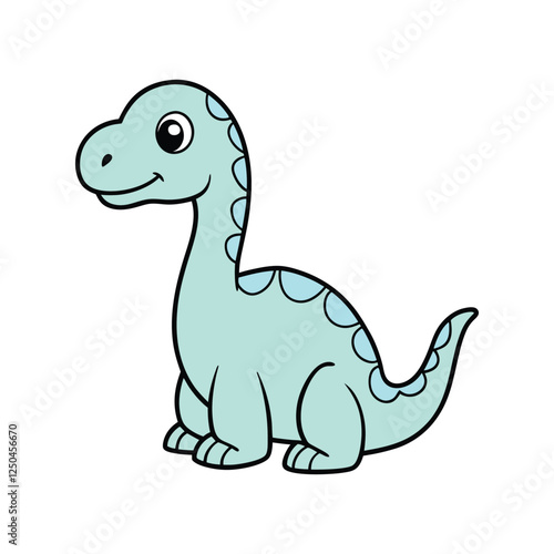 Cute cartoon brachiosaurus dinosaur illustration, friendly blue long neck sauropod character vector, adorable prehistoric animal mascot for kids nursery decor and children educational books.