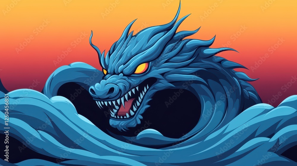 A powerful dragon rises from deep blue waves during a vibrant sunset. Its eyes glow with intensity as the sky transitions into warm colors, creating a dramatic backdrop A powerful dragon rises from deep blue waves during a vibrant sunset. Its eyes glow with intensity as the sky transitions into warm colors, creating a dramatic backdrop