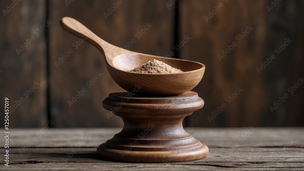 Wooden spoon with powdered ingredient elegantly displayed on a wooden pedestal against a rustic background, perfect for culinary and lifestyle themes. Wooden spoon with powdered ingredient elegantly displayed on a wooden pedestal against a rustic background, perfect for culinary and lifestyle themes.