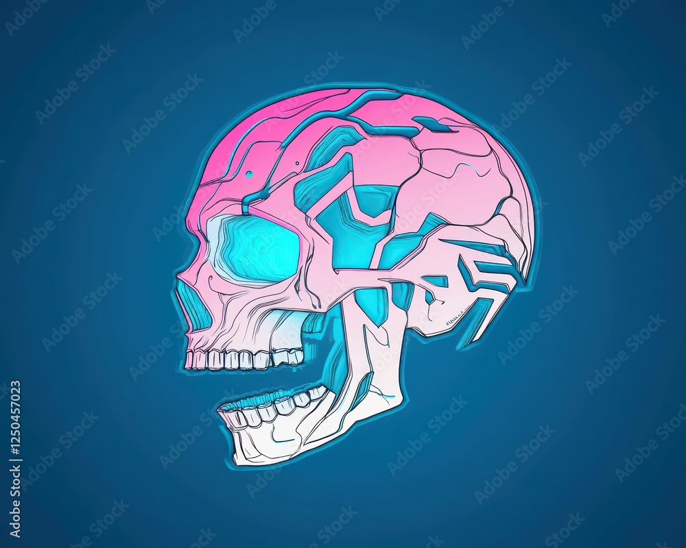 A stylized human skull is depicted with vibrant pink and blue colors, showcasing intricate patterns and a futuristic design. The background enhances the striking details of the skull A stylized human skull is depicted with vibrant pink and blue colors, showcasing intricate patterns and a futuristic design. The background enhances the striking details of the skull