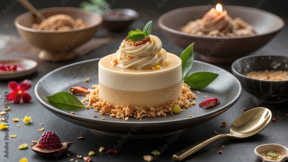 Thai Dessert Presentation with Creamy Layered Mousse and Garnishes on Rustic Table with Floral Accents and Traditional Bowls Thai Dessert Presentation with Creamy Layered Mousse and Garnishes on Rustic Table with Floral Accents and Traditional Bowls