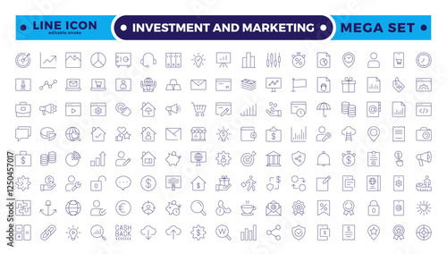 Investment & Marketing icons set. Content, search, marketing, e-commerce, SEO, electronic devices, internet, analysis, social, and more line icon. Editable stroke outline icon.