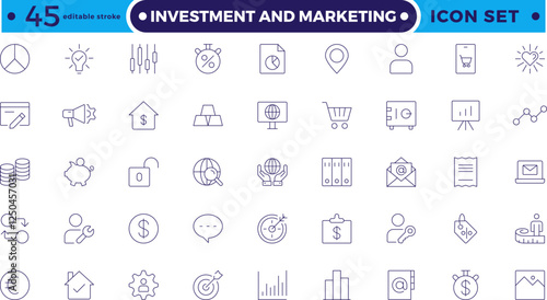 Investment & Marketing icons set. Content, search, marketing, e-commerce, SEO, electronic devices, internet, analysis, social, and more line icon. Editable stroke outline icon.