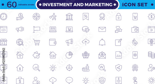 Investment & Marketing icons set. Content, search, marketing, e-commerce, SEO, electronic devices, internet, analysis, social, and more line icon. Editable stroke outline icon.