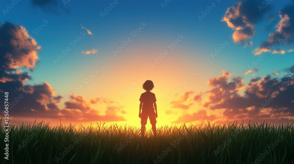A child silhouetted against a stunning sunset, standing amidst tall grass. The sky is a blend of warm colors and fluffy clouds, marking the end of the day A child silhouetted against a stunning sunset, standing amidst tall grass. The sky is a blend of warm colors and fluffy clouds, marking the end of the day