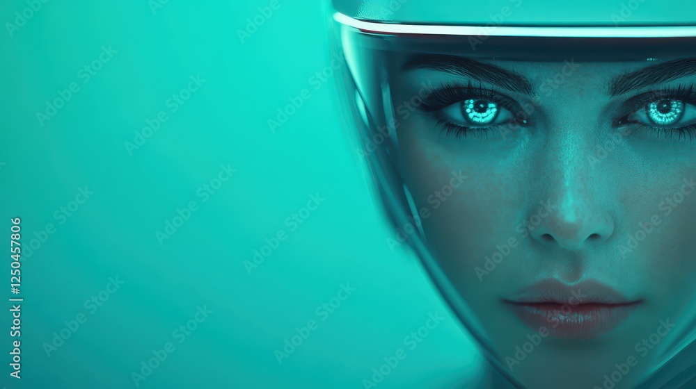 This striking portrait features a person with vibrant blue eyes wearing a futuristic visor. The bright blue background highlights their intense expression, suggesting advanced technology and emotion This striking portrait features a person with vibrant blue eyes wearing a futuristic visor. The bright blue background highlights their intense expression, suggesting advanced technology and emotion