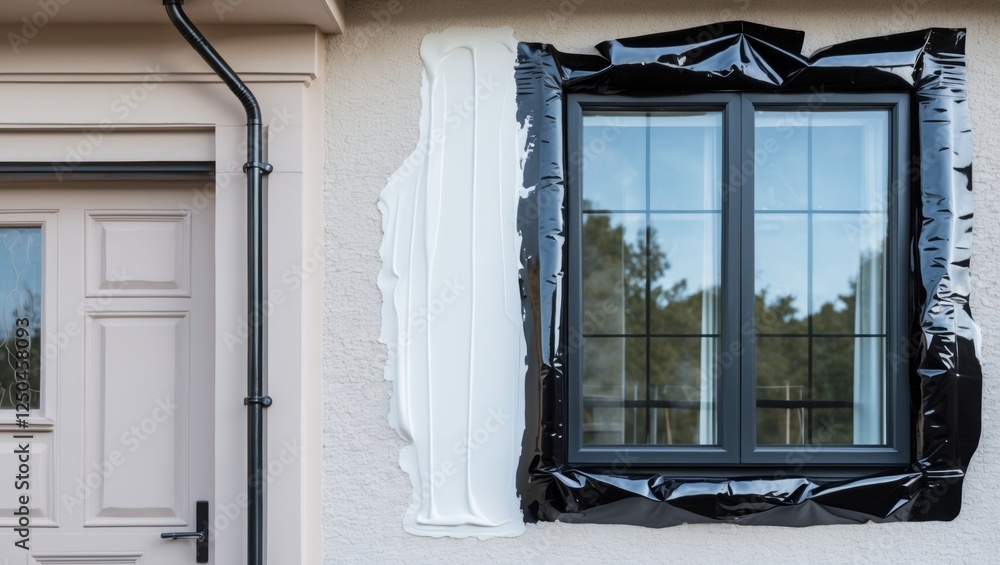Fototapeta premium Newly applied white silicone plaster on house wall window and door covered with black protective foil during renovation process.