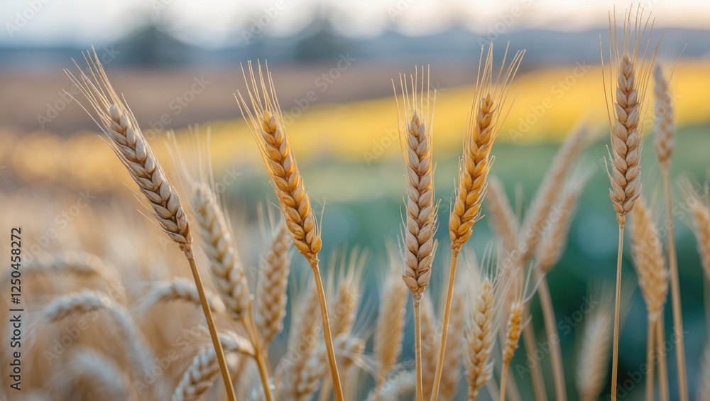 Fototapeta premium Golden Wheat Ears in Springtime with Soft Focus Background of Farm Fields and Vibrant Colors