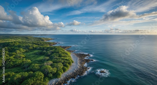 Aerial Coastal View Featuring Lush Greenery Rocky Shoreline and Tranquil Ocean Beneath a Partly Cloudy Sky Ideal for Nature and Travel Themes