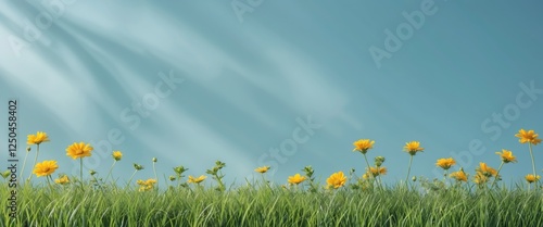 Sunny Day Abstract Nature Background with Green Grass and Yellow Flowers Ideal for Text Overlay and Art Design Projects photo