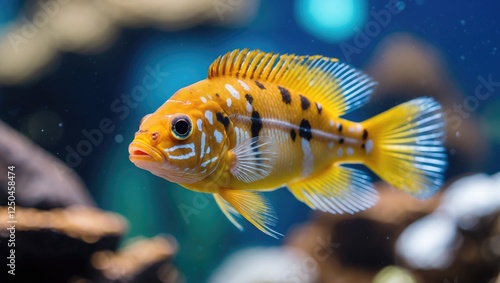 Vibrant Yellow Dwarf Cichlid in an aquarium showcasing its colorful patterns and fins enhancing aquatic beauty and biodiversity. photo